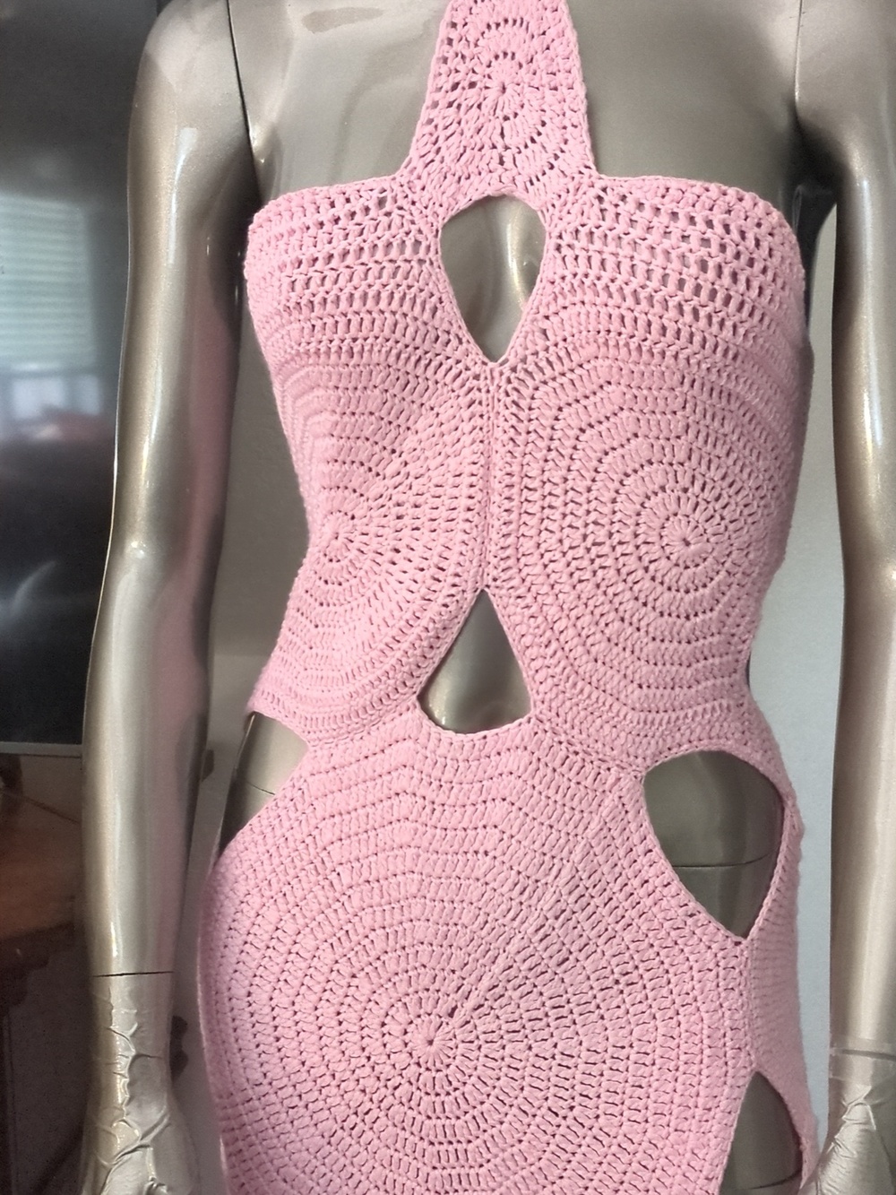 Pink Crochet Cutout Halter Dress